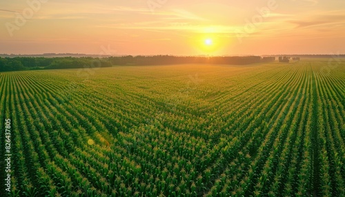 A serene sunrise over vast cornfields  with farmers diligently tending to their crops. The golden hues of dawn illuminate the greenery  promising a bountiful harvest.