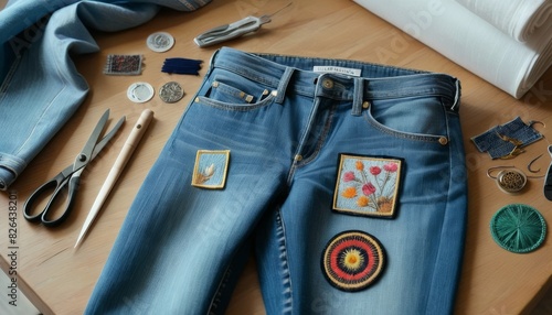 A creative DIY setup for customizing denim jeans with various colorful embroidery patches and sewing tools.