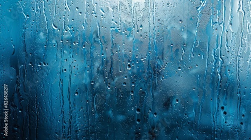 abstract background with rain droplets on window creating blue aqua texture romantic overlay for stormy weather photo