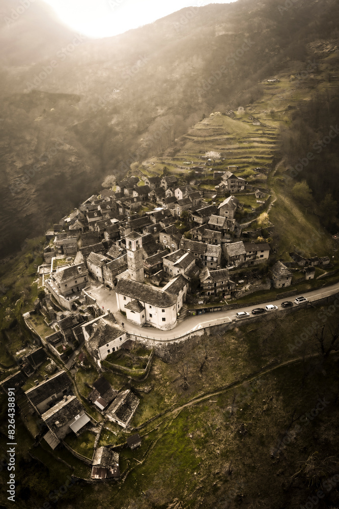 Aerial view of historic stone town of Corippo, Verzasca, Ticino, Switzerland. Aerial view of historic stone town of Corippo, Verzasca, Ticino, Switzerland.