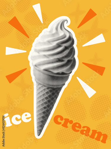 ice cream cone crispy waffle vibrant concept poster template design yellow grunge background halftone dot pattern collage elements for summer food frozen treat dessert menu marketing