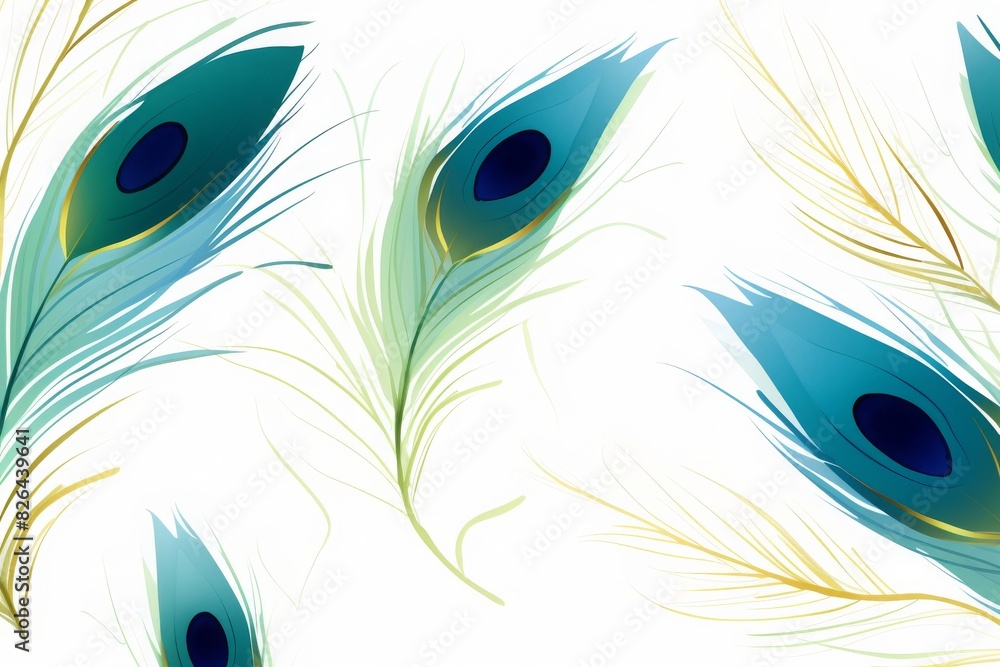 Obraz premium Abstract pattern featuring elegant peacock feathers on a white background, rich in intricate details and vibrant colors.