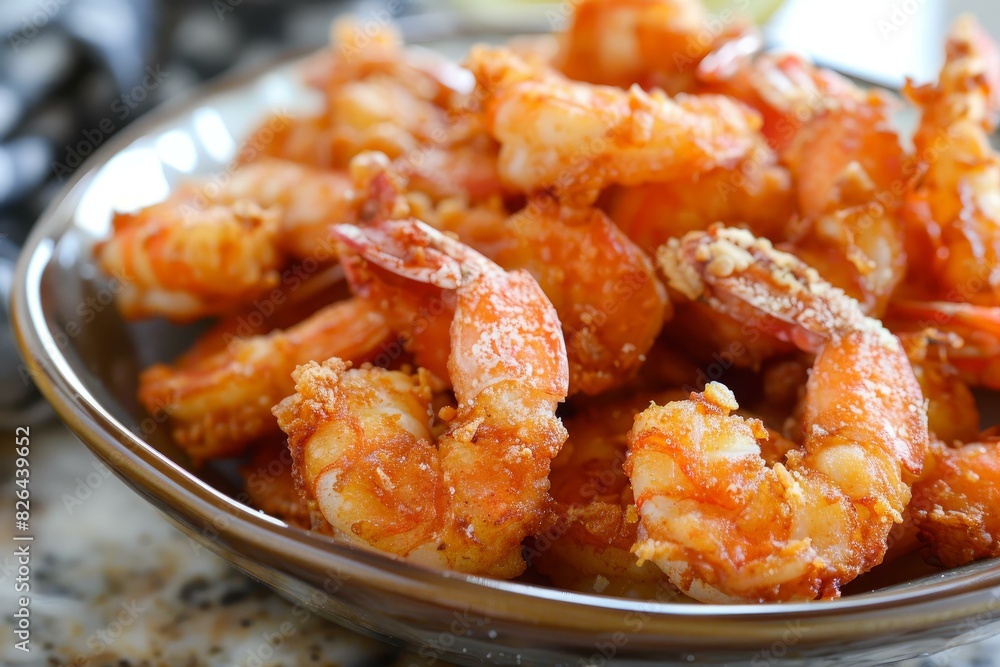 Closeup view of delicious crispy fried shrimp with a spicy seasoning, served on a plate Closeup view of delicious crispy fried shrimp with a spicy seasoning, served on a plate