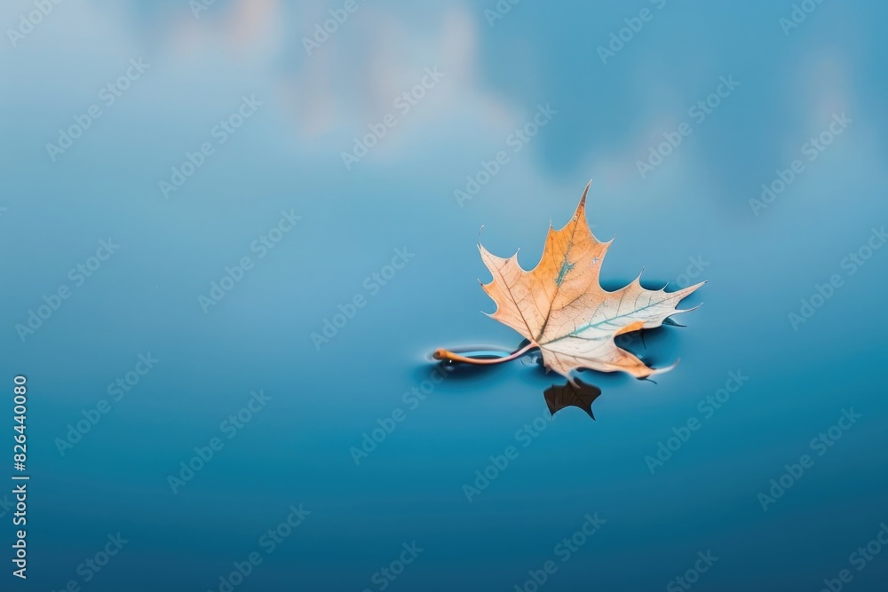 A representation of mindfulness and tranquility: a single leaf floating gently on a calm pond against a serene blue backdrop, symbolizing inner peace and serenity. A representation of mindfulness and tranquility: a single leaf floating gently on a calm pond against a serene blue backdrop, symbolizing inner peace and serenity.