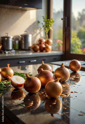 Many unpeeled yellow or brown onions, some of which are cut, lie on a reflective glass table in the kitchen at sunrise or sunset. Close-up, side