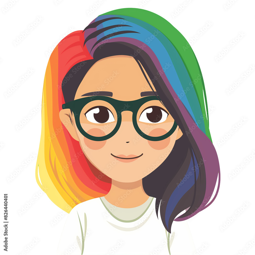 asian girl with rainbow hair wearing glasses . Clipart PNG image . Transparent background . Cartoon vector style asian girl with rainbow hair wearing glasses . Clipart PNG image . Transparent background . Cartoon vector style