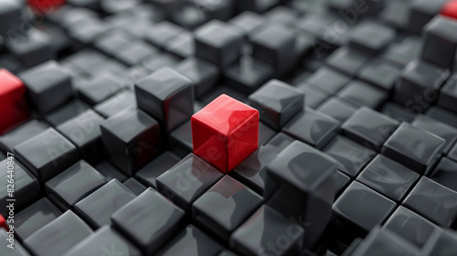 Red cube standing out among black cubes in a grid.