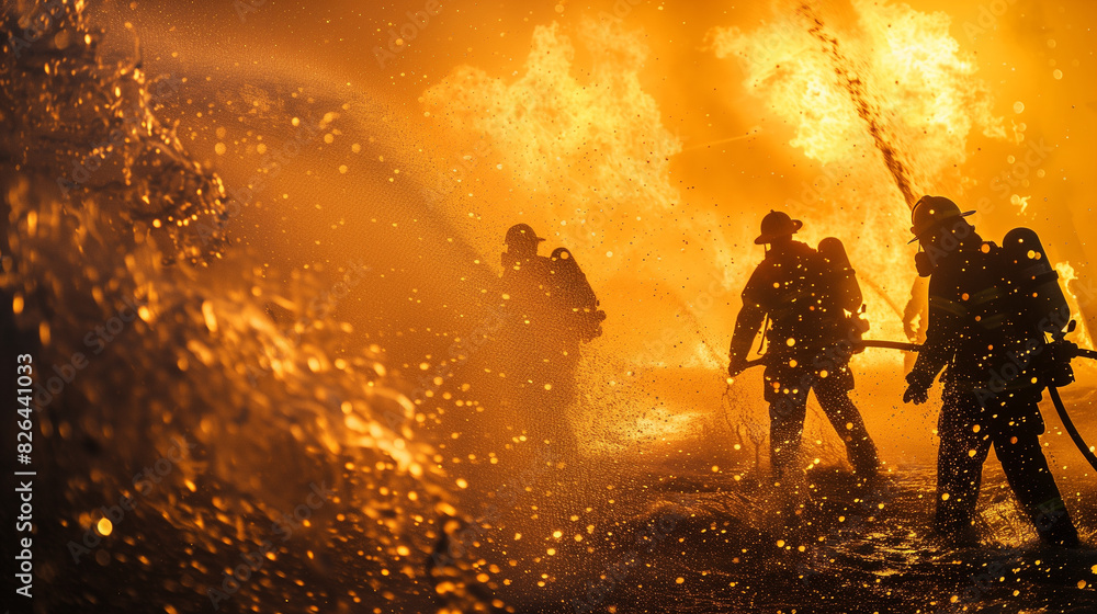 Fototapeta premium Firefighters battling a blaze surrounded by intense flames.