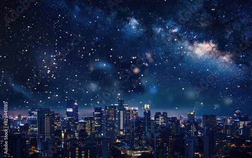Starry night sky above a cityscape  focus on  urban astronomy theme  vibrant  composite  city backdrop