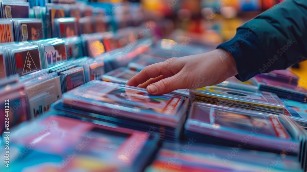 Close-up of hands browsing through CDs in a rental store, vibrant cases and album covers, perfect for illustrating music lover experiences and entertainment nostalgia, indoor setting. Close-up of hands browsing through CDs in a rental store, vibrant cases and album covers, perfect for illustrating music lover experiences and entertainment nostalgia, indoor setting.