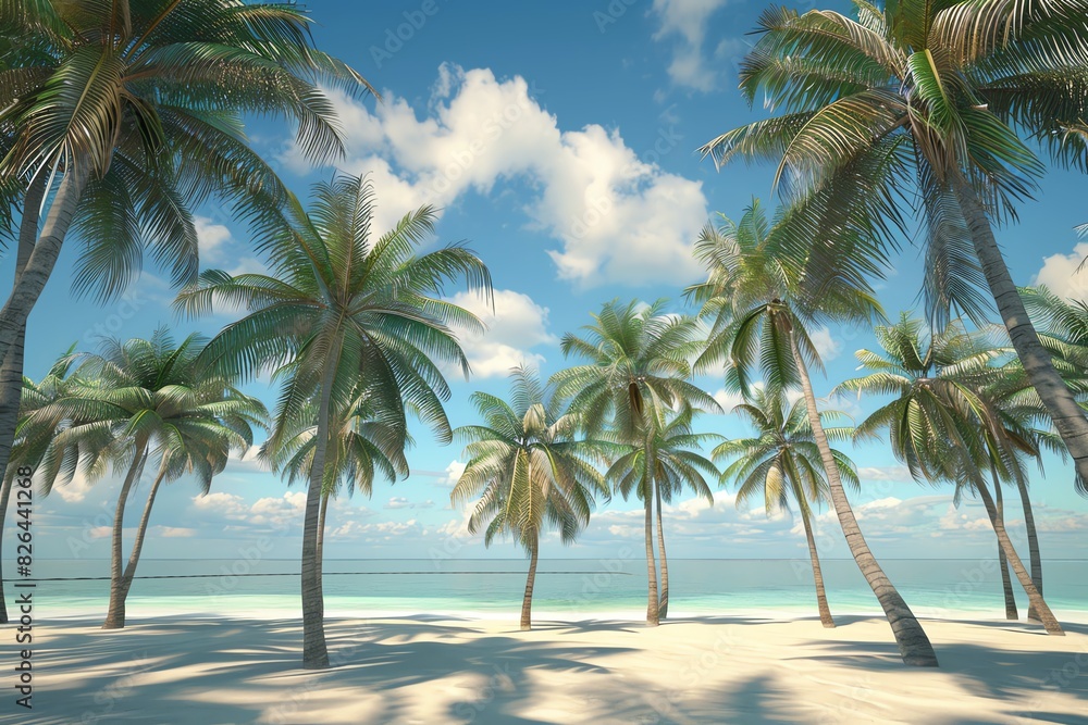 Scenic tropical beach with palm trees, blue sky, and white sandy shore. Perfect getaway destination image capturing serene and tranquil beauty. Scenic tropical beach with palm trees, blue sky, and white sandy shore. Perfect getaway destination image capturing serene and tranquil beauty.