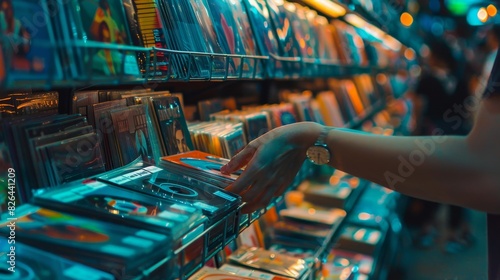 Close-up of hands browsing through CDs in a rental store, vibrant cases and album covers, perfect for illustrating music lover experiences and entertainment nostalgia, indoor setting.