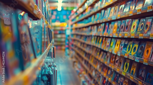 Vintage CD rental store with rows of shelves filled with colorful CD cases, nostalgic atmosphere, ideal for retro-themed promotions and media archives, captured with natural indoor lighting. photo