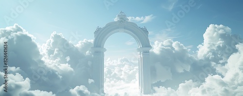 heaven gate in the clouds, white background, white heaven, white clouds, heaven gates