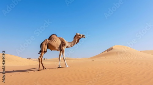 camel walking through sandy desert landscape majestic animal in vast wilderness under clear blue sky
