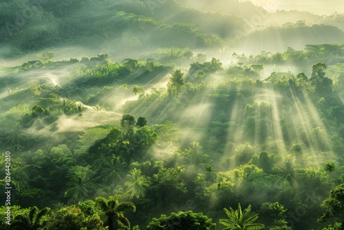 Glorious sight of a mighty tropical rainforest dappled by sunlight filtering through the misty canopy