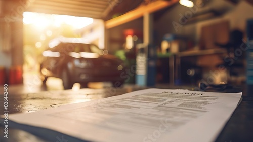 clear car insurance policy document in focus with blurred garage repair scene in background auto maintenance concept photo