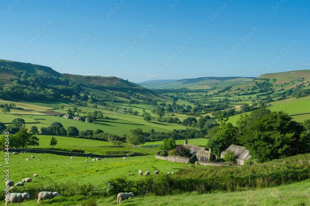 Obraz premium A quaint countryside vista, with rolling hills carpeted in lush greenery, dotted with quaint cottages and grazing sheep, under a vast expanse of clear blue sky.