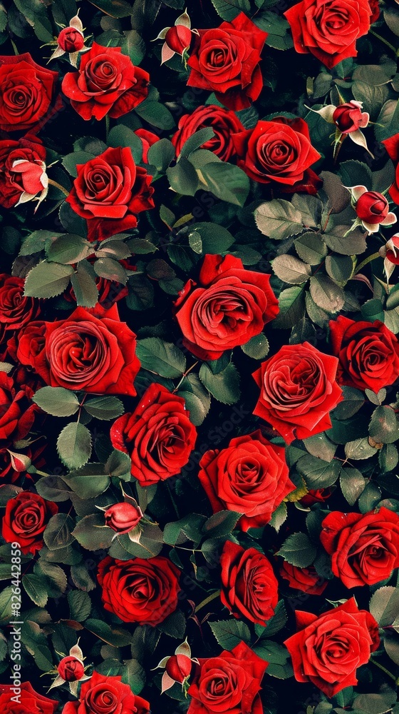 A seamless pattern of vibrant red roses with lush green leaves A seamless pattern of vibrant red roses with lush green leaves