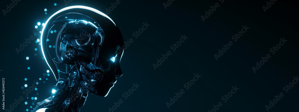 Captivating glow of a female AI robot, its inner neon blue light emanating an ethereal presence against a dark backdrop, hinting at the technological wonder within. Copy space. Captivating glow of a female AI robot, its inner neon blue light emanating an ethereal presence against a dark backdrop, hinting at the technological wonder within. Copy space.
