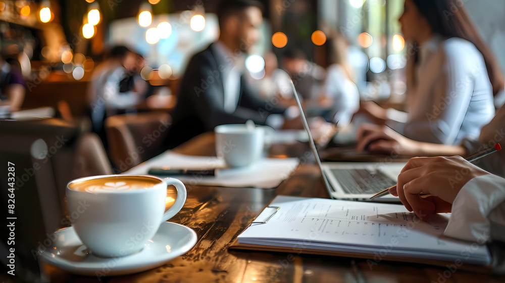 Meeting of business people in a modern cafe With a laptop, notebook and coffee cup on the table. Meeting of business people in a modern cafe With a laptop, notebook and coffee cup on the table.
