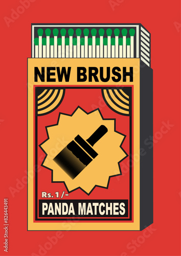 paint brush, broom, stroke, art brush, whisk, wipe illustration in Matchbox art and matches vector. Vintage and antique matchbox packaging design illustration. retro style packaging. old style