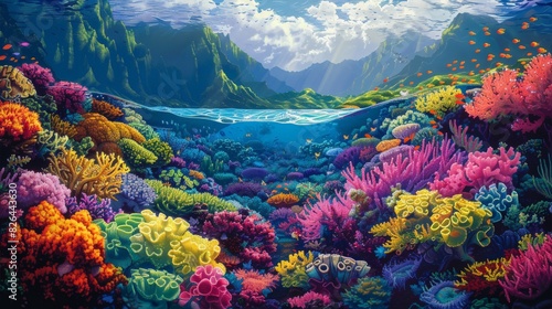 An artistic representation of Hawaii's coral reefs, featuring an array of vibrant colors and intricate patterns. The illustration highlights the diversity of marine life and the beauty of the