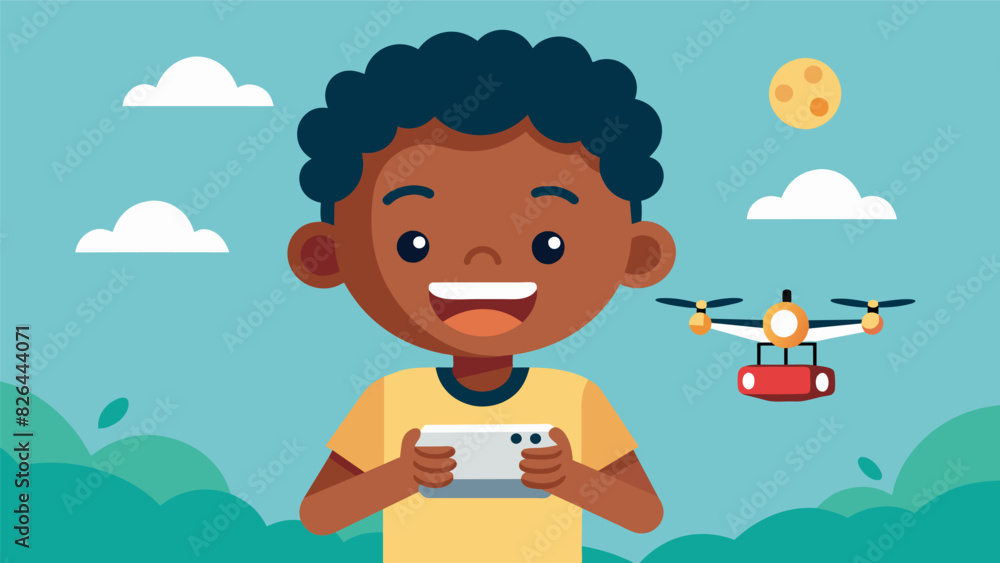 The child grins as they uncover a miniature camera drone already planning their next adventure and the stunning aerial shots they can capture.. Vector illustration The child grins as they uncover a miniature camera drone already planning their next adventure and the stunning aerial shots they can capture.. Vector illustration