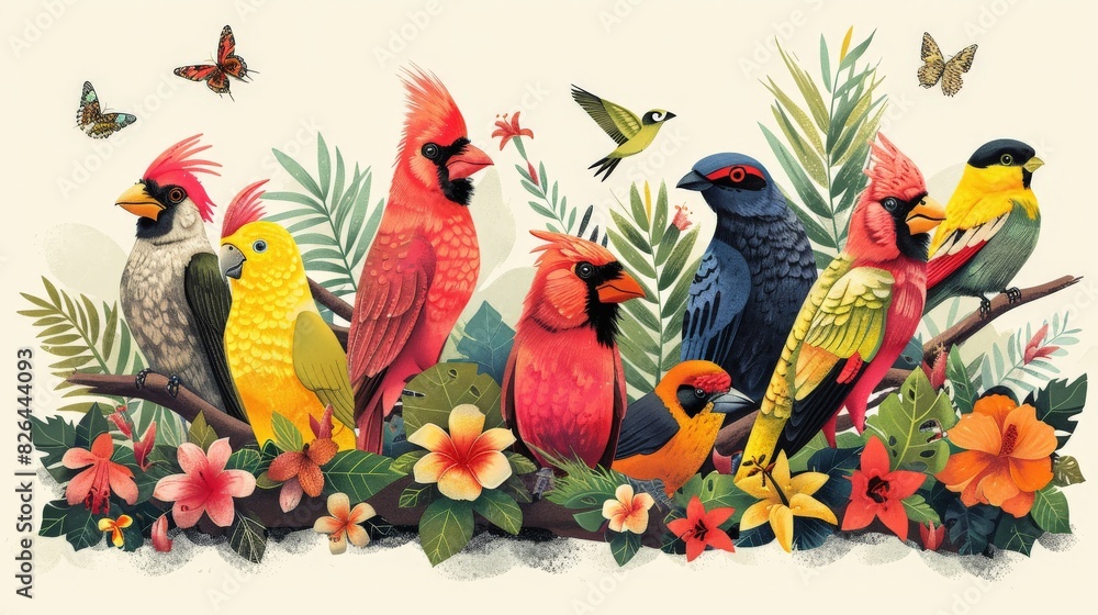 Obraz premium A minimalist depiction of Hawaii's exotic wildlife, featuring stylized representations of native birds and animals. The clean lines and vibrant colors highlight the unique fauna of the islands.