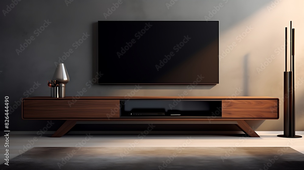 A modern, sleek TV stand with a mounted flat-screen and soundbar
