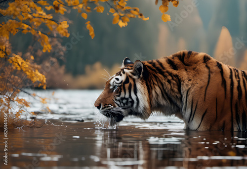 Siberian tiger drinking water from a lake and living in a forest in its natural habitat.