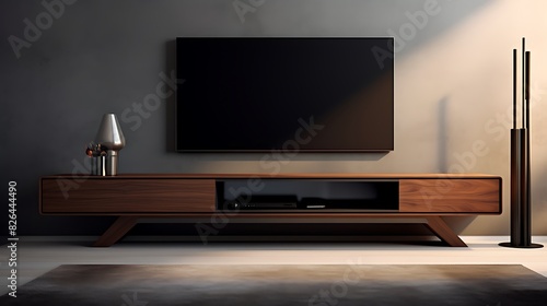 A modern, sleek TV stand with a mounted flat-screen and soundbar photo