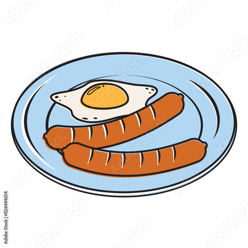 Sausage on a plate, color isolated vector illustration on a white background