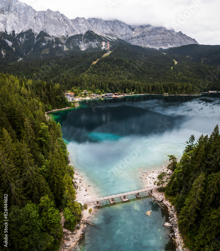 Aerial view of Braies Lake with Fanes-Senes-Braies Nature Park, Dolomites, Italy. photo