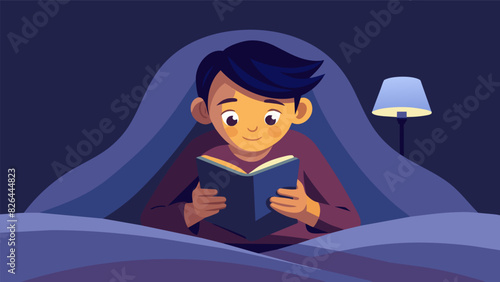 A young reader propped up in bed their ebook casting a soft glow on their face as they delve into the thrilling plot of a novel.. Vector illustration