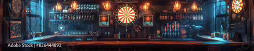 Warm and inviting pub interior featuring dartboards, wooden bar and ambient lighting perfect for social gatherings and relaxation. Generative ai vector illustration. Pop art comic book style imitation