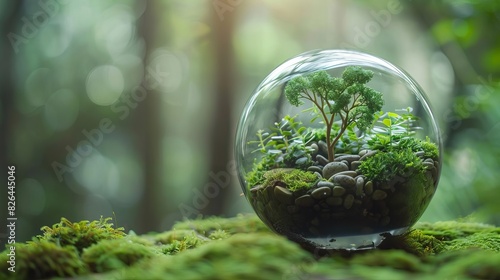 ecological concept with trees and moss growing inside glass ball lush green terrarium in forest environment