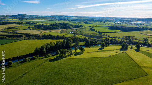 Aerial view of hilly countryside along River Annan, Lockerbie, Scotland. photo