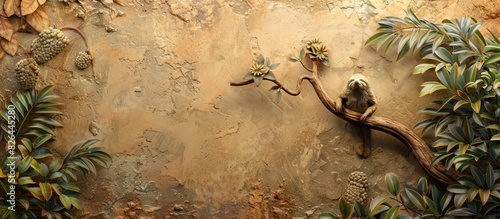 Traditional Italian D Clay Fresco Portraying a Sloth in a Rustic Natural Habitat photo