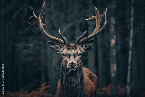 Portrait of a regal stag with impressive antlers standing in a dark  enchanting forest