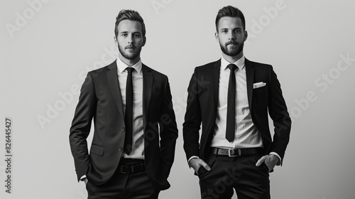 Two young, professional men stand confidently in elegant suits against a neutral background, giving off a businesslike and sophisticated air photo