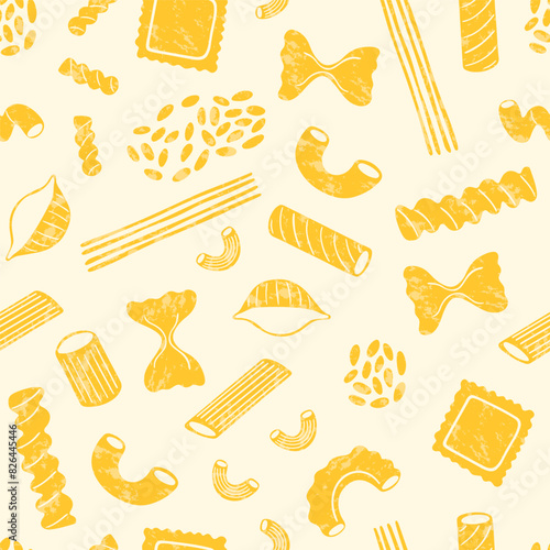 Pasta types seamless pattern. Different shapes of Italian pasta. Spaghetti, Farfalle, penne, rigatoni, ravioli, fusilli,conchiglie, elbows, rotelle, orzo, paccheri illustration.