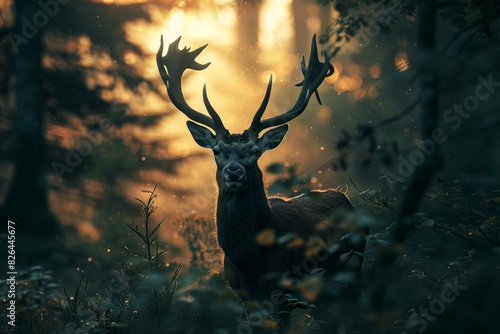 Noble stag stands amidst a mystical forest glade, basked in the golden light of a setting sun