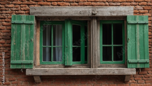wooden window with green shutters
