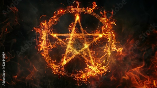 fiery pentagram symbol on black background spooky witchcraft horror concept with ethereal nightmare atmosphere photo