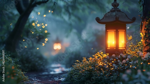 A beautiful landscape with a traditional Japanese stone lantern in a lush green garden. © Nijat