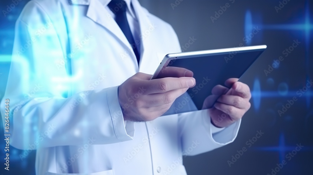 Doctor using digital tablet, modern technology in medicine and healthcare concept on blue background. Doctor using digital tablet, modern technology in medicine and healthcare concept on blue background.