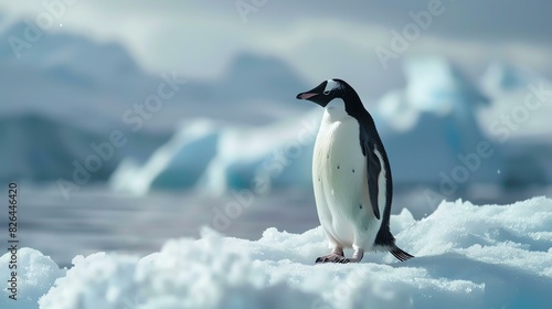 Emperor penguin standing on the ice in Antarctica. It is looking at the camera. The background is blurred.