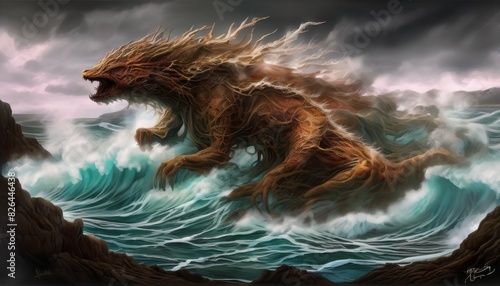 A dramatic fantasy image of a mythical beast, with a body resembling intertwined roots, emerging from turbulent ocean waves. The stormy skies and powerful waves emphasize the creature's ferocity and photo