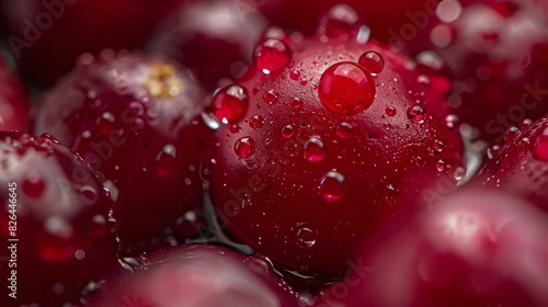 Close-up of fresh cranberries with water drops. The cranberries are a deep red color and have a glossy sheen. The water drops are clear andæ™¶èŽ¹å‰”é€.